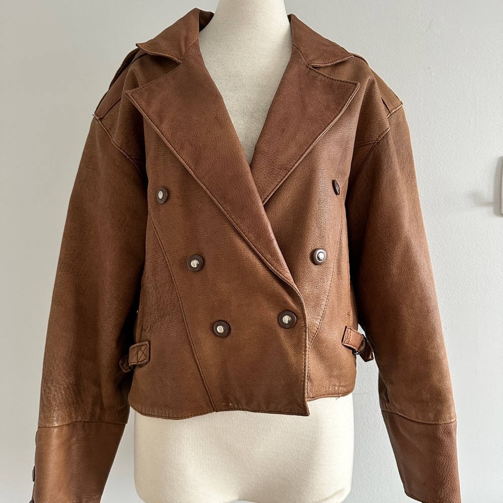 Vintage Ada Brown Leather Jacket with Notched Lapel